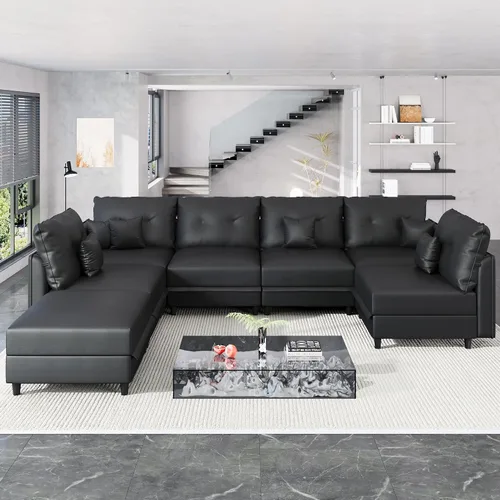 Vista 28 de LLappuil Sofá cama modular en forma de U de 6 plazas con almacenamiento, asiento profundo de piel sintética para sala de estar, impermeable y Negro