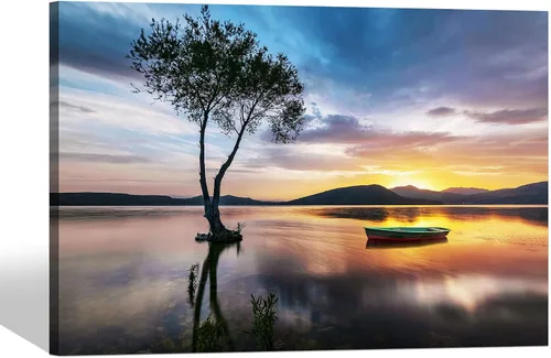 Vista 8 de SD SOFT DANCE - Lienzo de pared con paisaje del lago natural: arte de la naturaleza con escena de atardecer, bosque y montañas, pintura panorámica