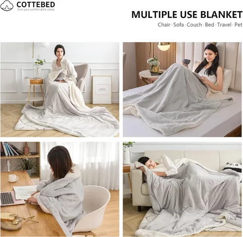 Vista 6 de COTTEBED Cálidas mantas de franela Sherpa para cama matrimonial y Queen, reversible, ultra afelpada, 580 GSM, suave y cómoda, esponjosa, manta