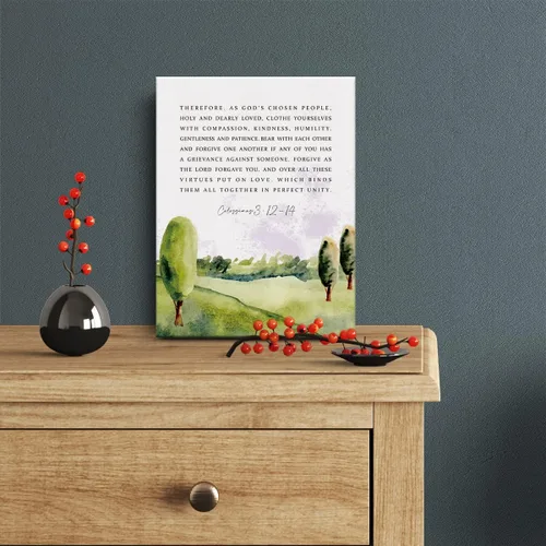 Vista 2 de Lienzo inspirador con versículo bíblico impreso, decoración de acuarela Colosenses 3: 12-14 escrituras cristianas, pósteres de pintura de 12 x 15
