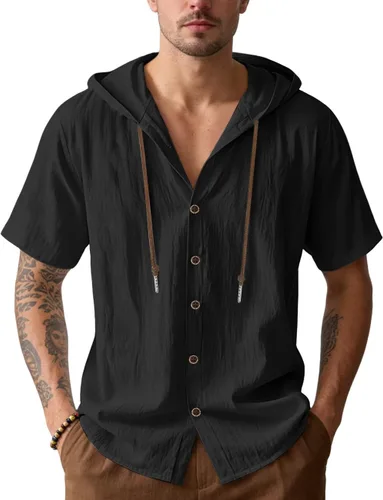 Vista 8 de Camisas de algodón y lino para hombre, sudaderas casuales de manga corta, con botones, para verano, playa, boda, con capucha