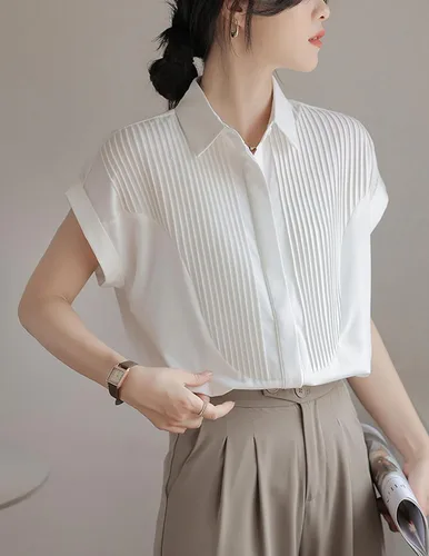 Vista 4 de Women's Vintage Solid White Button Down Shirt Casual Lapel Single Breasted Blouse for Office Work