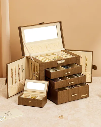Vista 2 de Homde Joyero 2 en 1 para mujeres y niñas con estuche de viaje pequeño, espejo, collar, anillo y aretes, organizador (marrón + dorado)