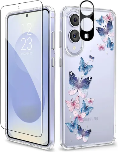 Vista 89 de GVIEWIN Funda protectora para Samsung Galaxy S25, transparente floral, delgada, a prueba de golpes, para mujer, no se pone amarilla, con protector