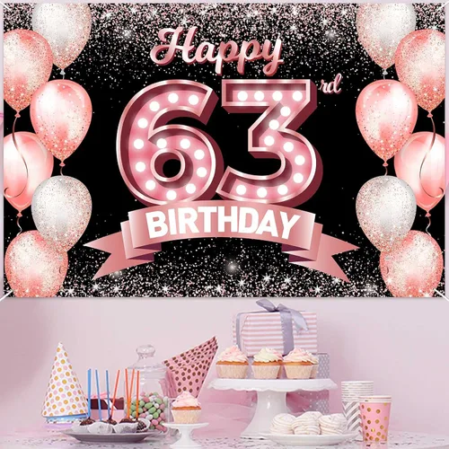 Vista 166 de Cartel de feliz cumpleaños décimo oro rosa, telón de fondo, saludos a 10 años, globos de confeti, decoración temática para niñas de 10 años