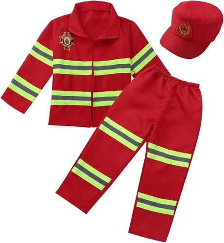 Vista 5 de ranrann Trajes de bombero para niños y niñas juego de rol reflectante cierre de cremallera chaqueta y pantalones conjunto de sombrero