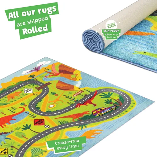 Vista 3 de KC Cubs 5x7 Alfombra de dinosaurios con coche de juguete Dino – Alfombra de juego educativa para niños, bebés, guardería, aula, sala