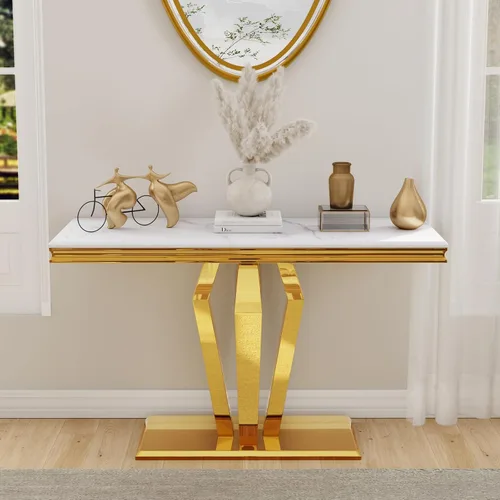 Vista 10 de ACEDCOR - Mesa consola moderna, mesa rectangular para sala de estar y entrada con base geométrica de espejo, negro dorado
