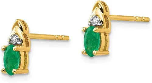 Vista 2 de Aretes de diamante de oro amarillo de 14 quilates y esmeralda genuina (.01 quilates) (0.354in x 0.118in), Oro amarillo, diamante esmeralda