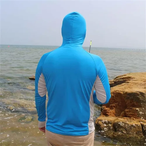 Vista 5 de ygqzm - Ropa de pesca transpirable con protección solar para hombre, de secado rápido, de manga larga, con capucha (color azul, talla L)