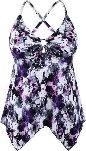 Vista 11 de Firpearl Trajes de baño tankini para mujeres, modestos y fluidos, espalda cruzada, talla plus, top de traje de baño Azul aguamarina