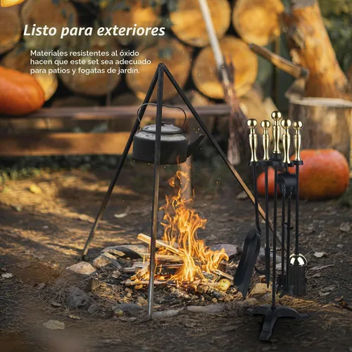 Vista 7 de Juego de herramientas para chimenea de 5 piezas con soporte, kit de herramientas de hierro forjado con póster, pinzas, pala, cepillo y base