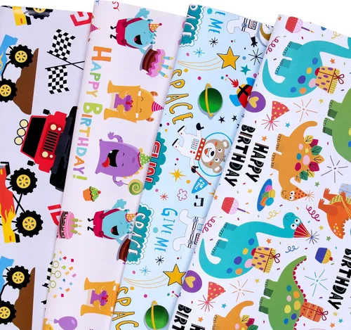 Vista 14 de PlandRichW Papel de regalo de cumpleaños, 4 divertidos diseños de fiesta, globos, arcoíris, cupcakes, confeti, plegado de 20 x 29 pulgadas, 12