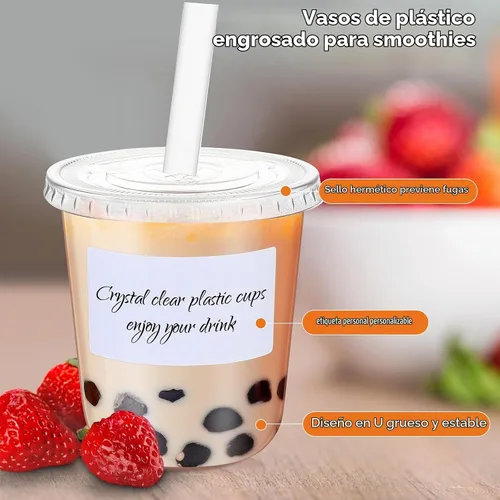 Vista 4 de Ziliny 25 juegos de vasos de plástico transparente con tapas, pajitas y pegatinas, vasos desechables de PET engrosado para café helado, té