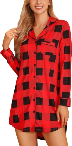 Vista 19 de Samring Camisón de pijama para mujer, manga corta/larga, con botones, camisón para dormir, camisón para novio, talla XXL