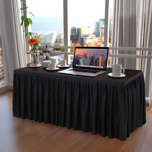 Vista 6 de Manteles de poliéster negro para mesas rectangulares de 4 pies, funda de mesa ajustada sin arrugas de 4 pies con falda para fiestas, bodas