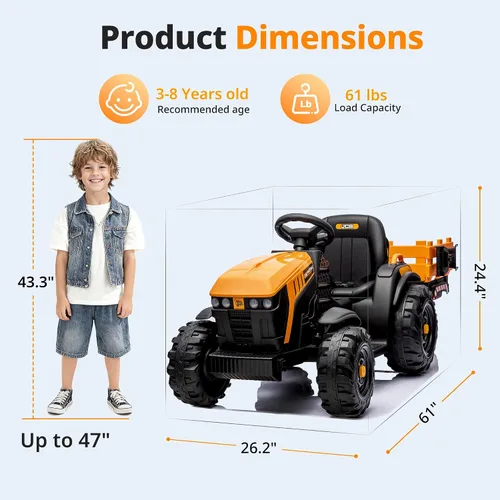 Vista 8 de Juguetes de paseo JCB con licencia de 24 V, tractor eléctrico para niños grandes 3-8 con remolque Amarillo