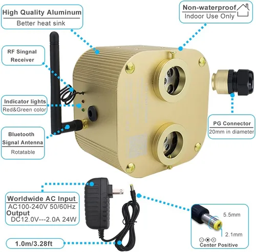 Vista 5 de Kit de luz de techo de fibra óptica parpadeante de 20 W, controlador de motor LED RGBW con aplicación control Bluetooth RF 28 teclas control remoto
