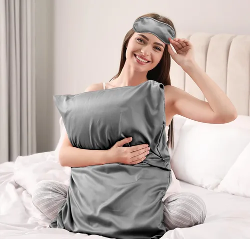 Vista 8 de Juego de funda de almohada de satén y máscara de ojos (negro)