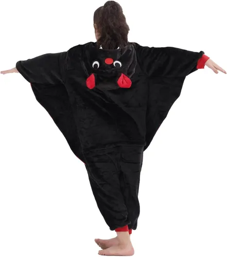 Vista 5 de Disfraz de una pieza de franela con capucha para niños y niñas, disfraz de Halloween de animales negro (Black Bat)