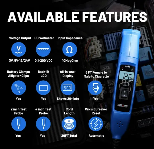 Vista 6 de Innova Probador de circuito de potencia 5420 para automoción Cabezal giratorio de 45° Diagnóstico de fusibles, relés, batería y circuito