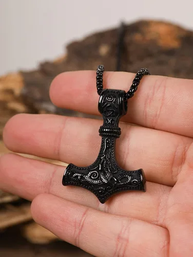 Vista 4 de HAQUIL Mjolnir Necklace, Viking Mammen Style Thor Hammer Pendant, Box Chain, Viking Jewelry Gift