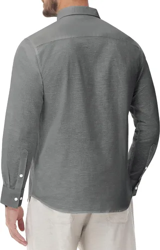 Vista 2 de J.VER Camisa de lino para hombre, casual, ligera, de manga larga, cuello con botones, color liso, para la playa, para el trabajo de vacaciones