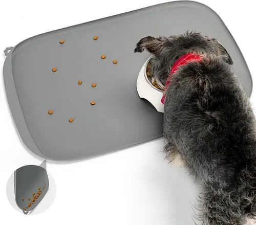 Vista 10 de Tapete de silicona para comida para perros con bolsillo lateral y agujero de gancho, bordes elevados suaves, fácil de limpiar, impermeable, Gris