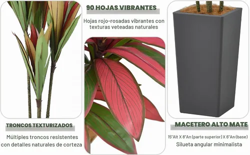 Vista 3 de Roselywed - Árbol de Dracaena artificial rojo de 5 pies, 90 hojas y maceta Maceta alta gris