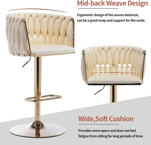 Vista 4 de Taburete de bar, taburetes de bar tejidos de terciopelo, taburetes de bar giratorios de altura de mostrador ajustable con respaldo bajo y base