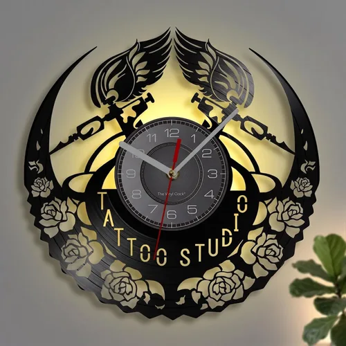Vista 8 de Reloj de pared de disco de vinilo de tatuaje, 7 LED de retroiluminación de Con LED