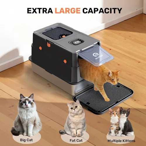 Vista 6 de Caja de arena de acero inoxidable con tapa, caja de arena metálica cerrada anti-fugas, bandeja de arena para gatos extra grande con tapa abatible