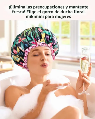 Vista 6 de mikimini Gorro de ducha grande para mujer, de pelo largo, con encaje rosa