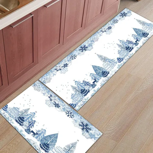 Vista 3 de Libaoge Juego de 2 alfombras y tapetes de cocina de invierno de Navidad para Año Nuevo, diseño abstracto de copo de nieve, alce azul, tapete