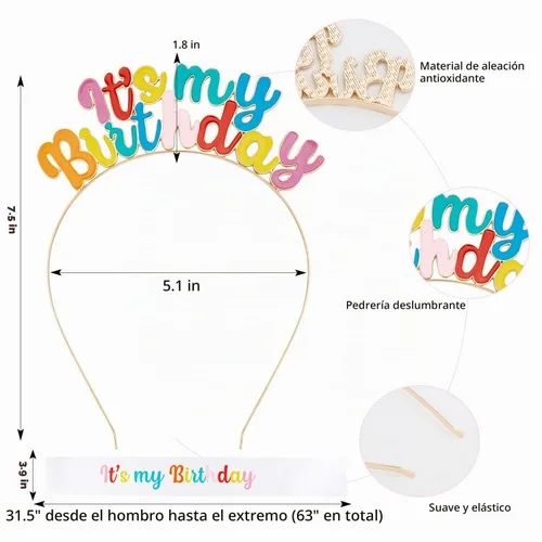 Vista 6 de Chanaco Banda de cumpleaños, juego de diadema para niña, corona de tiara, decoraciones de feliz cumpleaños y regalos para mujer