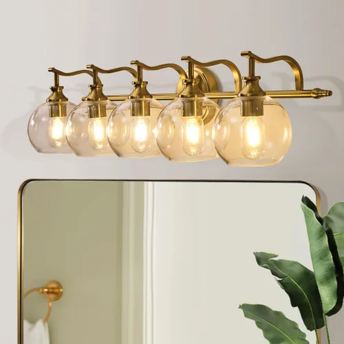 Vista 17 de ANDY STAR Lámparas de baño de níquel cepillado, luces de tocador de 1 luz, apliques modernos de pared de baño con pantalla de vidrio transparente
