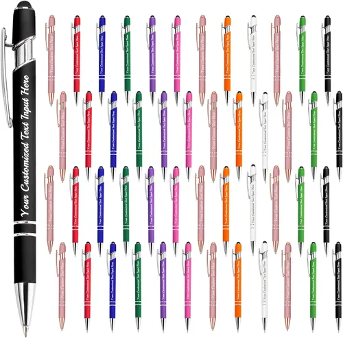 Vista 33 de Bolígrafo personalizado, 50 bolígrafos personalizados, grabado a granel con logotipo de nombre, lápiz digital de tinta negra suave con toque