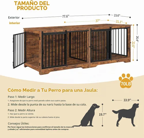 Vista 2 de Hzuaneri Mueble Jaula para Perros de 78" para 2 Perros, Jaula Doble para Perros con Divisor, Perrera de Madera Resistente para Perros, Jaula