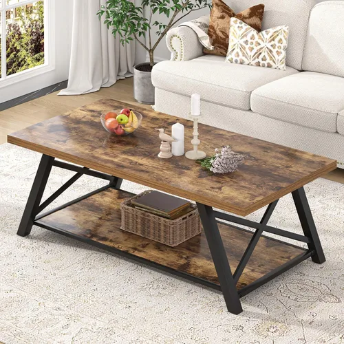 Vista 11 de EXCEFUR Mesa de centro moderna, mesa central rectangular para sala de estar con estante de almacenamiento, mesa de té de cóctel industrial de madera