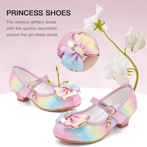 Vista 3 de Walofou Zapatos de vestir para niñas de flores, zapatos de tacón para fiesta de boda, zapatos planos de princesa Mary Jane para niños pequeños