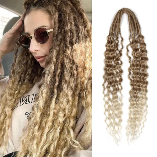 Vista 27 de Extensiones de rastas trenzadas bohemias de 24 pulgadas, 10 hebras de rastas sintéticas rizadas color marrón degradado con trenza de caja, rastas