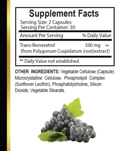 Vista 5 de Trans Resveratrol 500mg - Polifenol a base de plantas, procedente de Knotweed de semilla de uva, sin rellenos ni aditivos artificiales, complejo