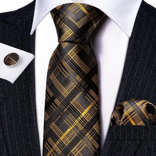 Vista 134 de Barry.Wang Juego de corbatas a cuadros para hombre con pañuelo gemelos de rayas clásicas