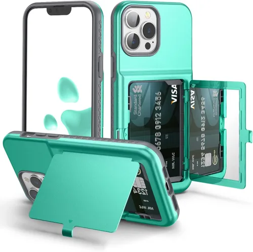 Vista 11 de WeLoveCase Funda para iPhone 13 Pro Max para mujer con tarjetero y espejo oculto, dos capas a prueba de golpes resistente funda protectora tipo Negro