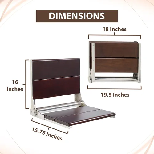 Vista 4 de Asiento de ducha plegable montado en la pared con respaldo Capacidad de carga máxima de 500 libras Asiento de ducha de teca compatible con ADA