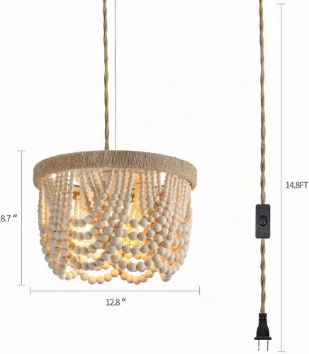 Vista 3 de AMZASA - Lámpara colgante enchufable estilo bohemio con cuerda de cáñamo tejida, perlas de madera, lámpara colgante rústica para casa de campo