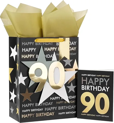 Vista 9 de Loveinside Bolsa de regalo de cumpleaños con papel de seda y tarjeta de felicitación para cumpleaños 40 – 10 x 5 x 13 pulgadas, 1 unidad, oro negro