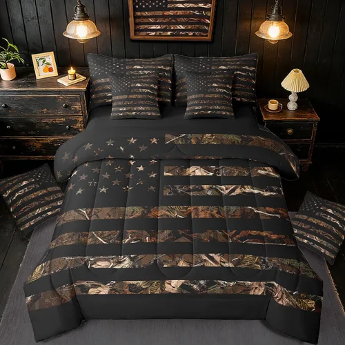 Vista 5 de Feelyou Juego de edredón botancial de camuflaje con bandera estadounidense Negro Marrón Oscuro