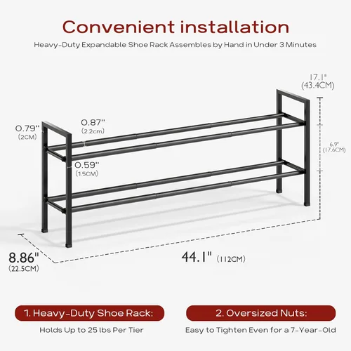 Vista 3 de Bumusty estante de zapatos de 2 niveles largo y expandible para clóset, estante de zapatos ajustable de 46-112 cm para entrada, estante organizador