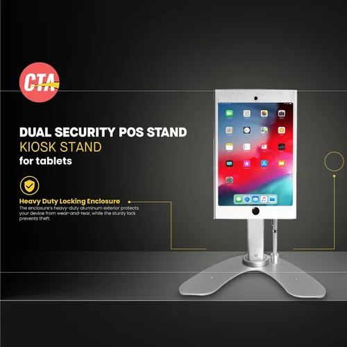 Vista 2 de Soporte de quiosco dual: soporte de aluminio CTA con caja de bloqueo y cable. Base giratoria de 360 grados. Carcasa diseñada para iPad mini